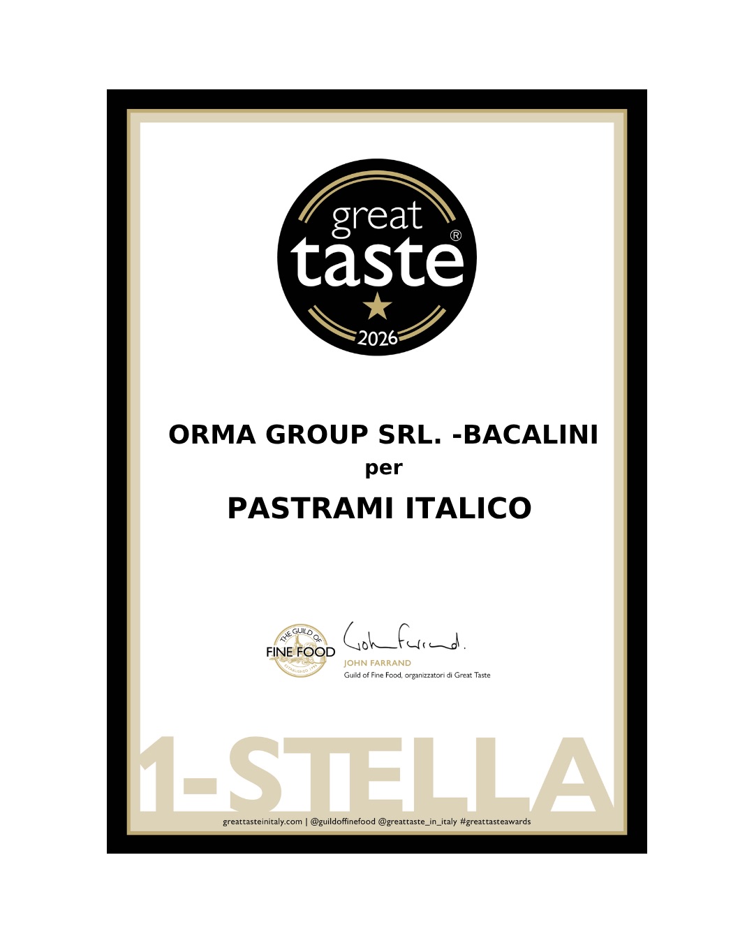 Certificato 1 stella Pastrami Italico Great Taste Awards 2026